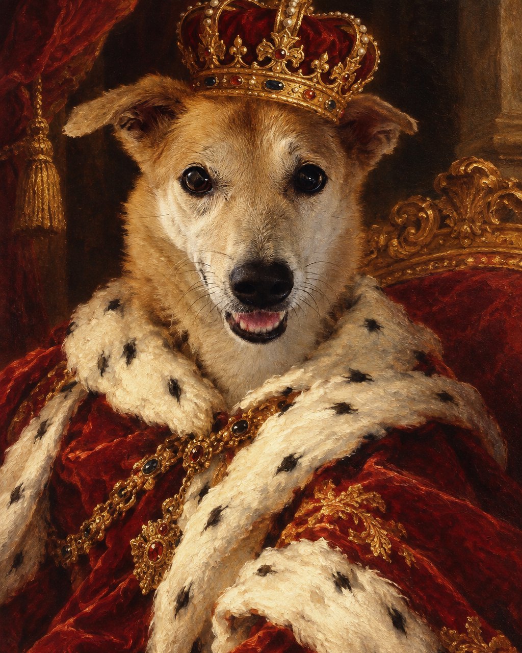 A dog as a Royal pet portrait, framed